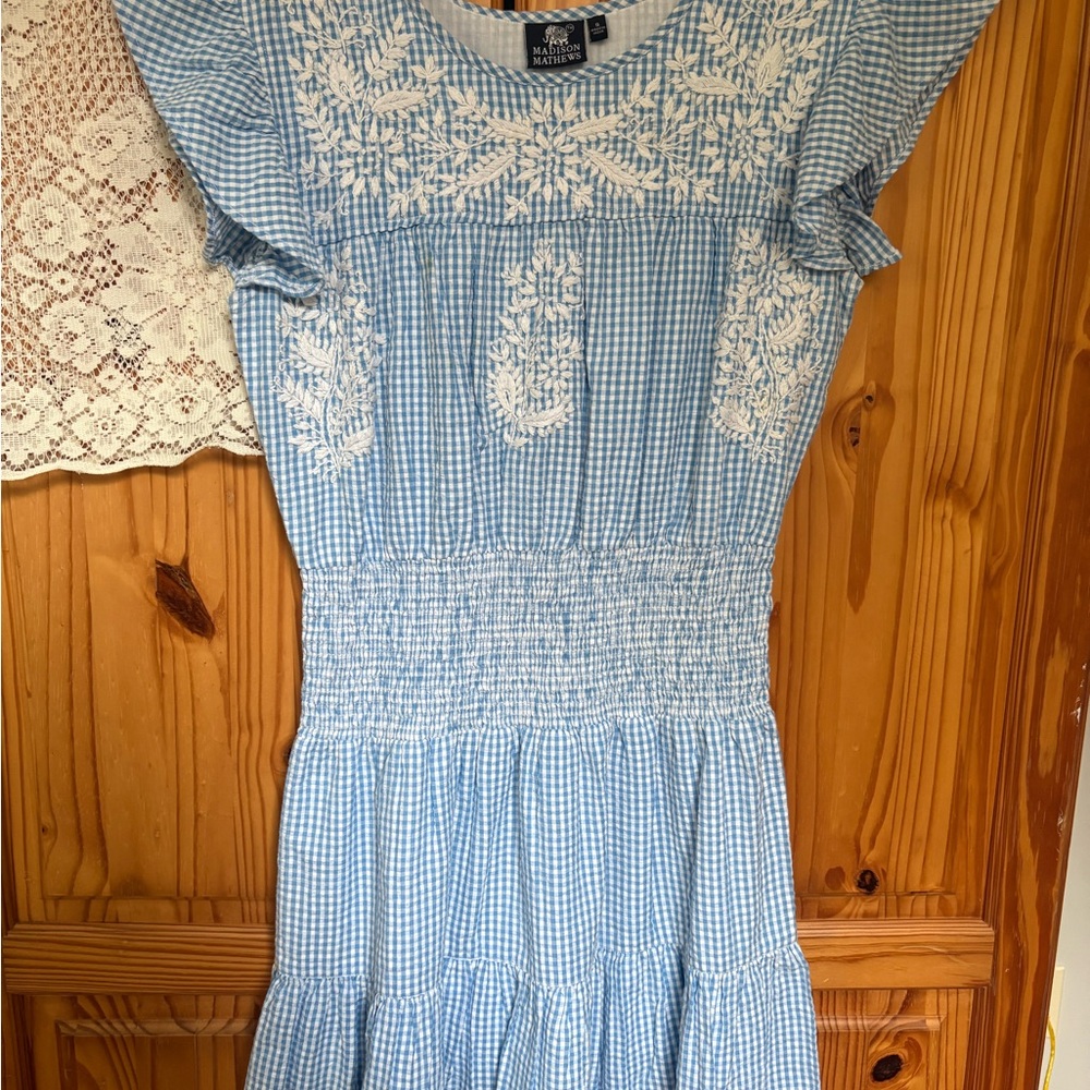 Blue Gingham Embroidered Cotton Midi Dress
